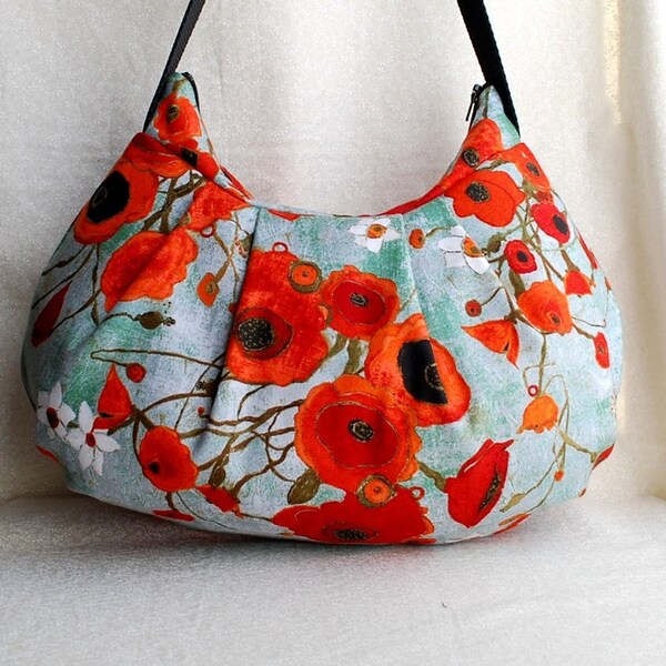 Pleated Bag // Shoulder Purse - Large Poppies in Teal