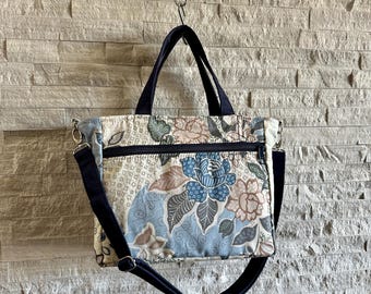 Organizer Tote Bag  - Japanese Retro Blue Floral