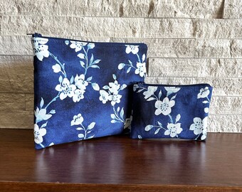 Zipper Pouches - Blue Satin Floret