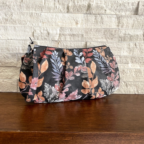 Pleated Wristlet Zipper Pouch, Clutch - Black Ground Leaves