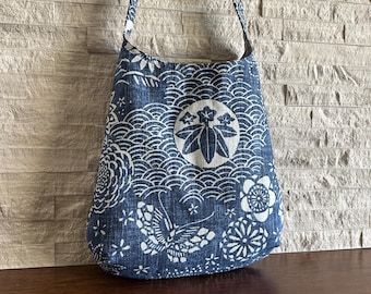 One Handle Hobo Bag - Japanese Indigo Floral Wave