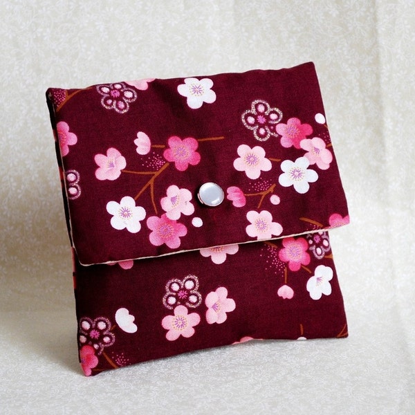 Square Pouch - Japanese Sakura (Cherry) Blossoms on Burgundy