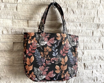 Mini Tote Bag - Black Ground Leaves