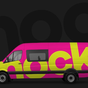 May include: A white van with a pink and yellow graphic design. The design features the word "mock" in large, bold letters.