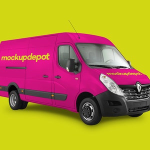 May include: A pink van with the text "mockupdepot" on the side and hood. The van is on a yellow background.
