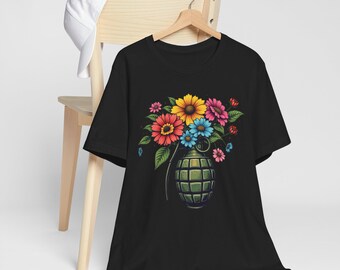 Flower Grenade T-Shirt | Peaceful Revolution Shirt | Grenade with Flowers Graphic Tee | Symbolic Modern Art | Unisex - Men & Women