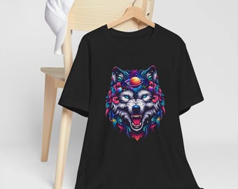 Galactic Wolf Psychedelic T-Shirt | Cosmic Animal Tee | Vibrant and Intricate Design | Unisex - Men and Women | Wolf T-Shirt