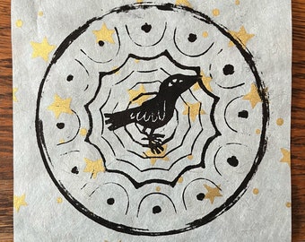 Starry bird miniprint (original linocut)