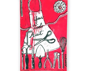 Your Tools Await (original linoleum print) cherry red