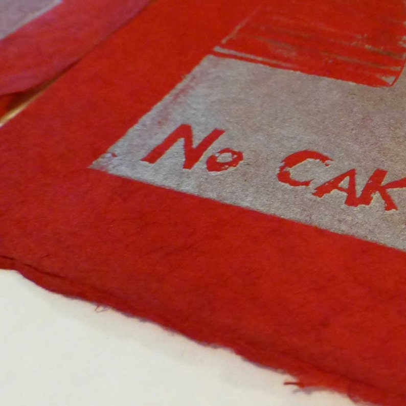 No Cake is Safe original woodblock silver red image 2