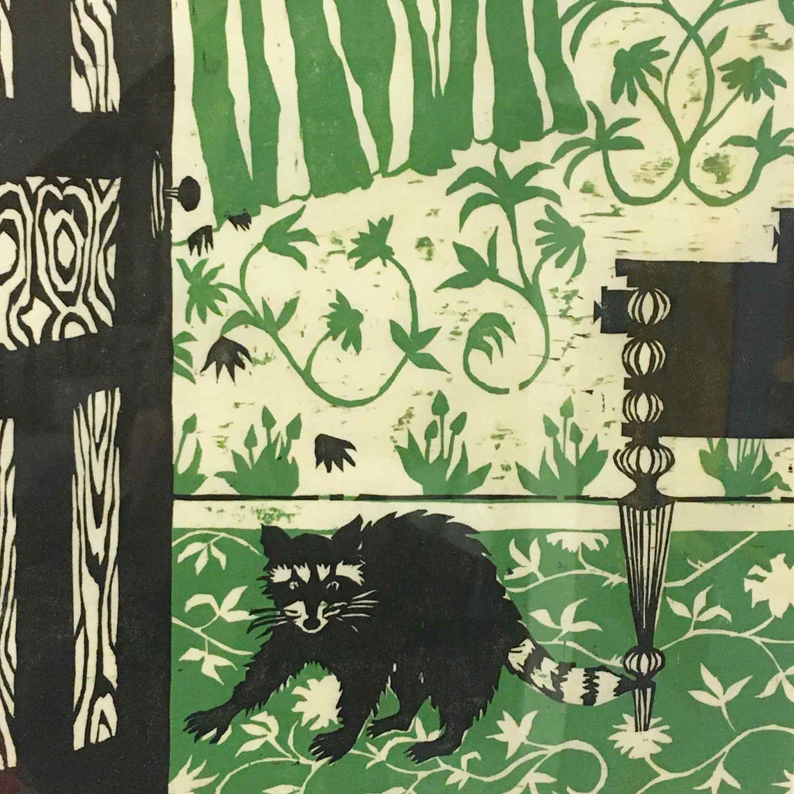 Raccoon Woodblock Print Framed green Etsy