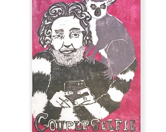 Couple Selfie with Lemur Stand-In (multiple block linocut print) FUCHSIA