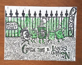 Conga Line to Lands Unknown (original linocut)
