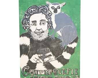 Couple Selfie with Lemur Stand-In (multiple block linocut print) GREEN