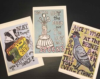A Badger, A Pigeon, and a Mouse Walk into a Bar (Linocut card trio)