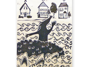 Cakeasaurus and Sharks (original woodblock print)