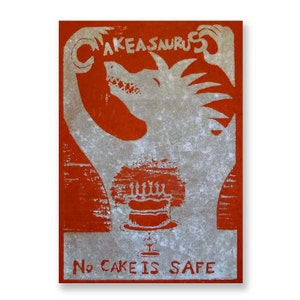 No Cake is Safe original woodblock silver red image 1
