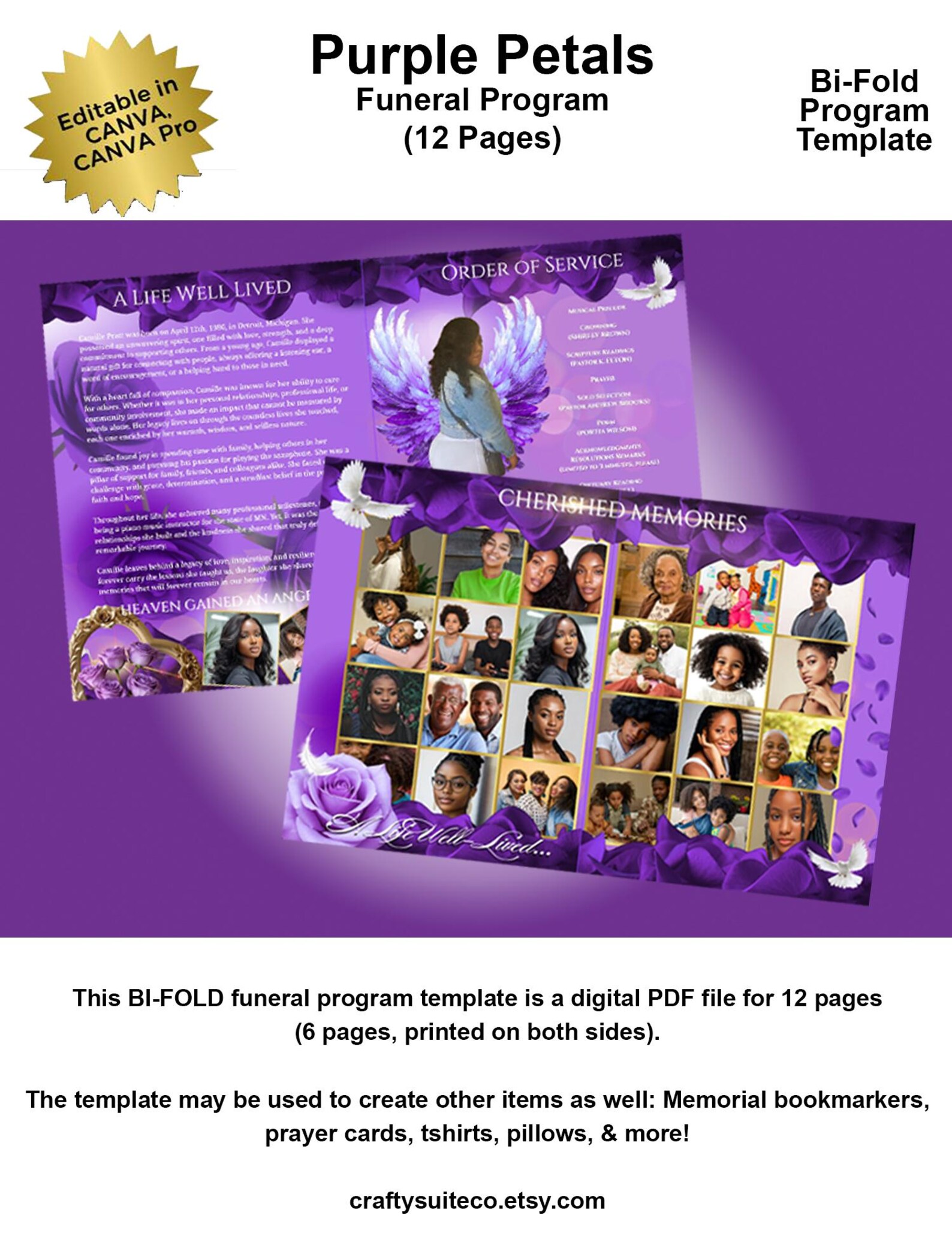 Program Petals Purple Petals Funeral Program Template | 12-page Bi-fold Obituary ...