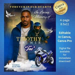 以下が含まれることがあります： 「Forever in Our Hearts」と「In Loving Memory of Timothy Brewer 'Tae'」のテキストが入ったデジタルメモリアルデザイン。男性、オートバイ、鳩の画像が含まれており、日付は04.16.1980と04.23.2025です。