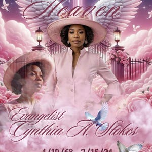 Op de afbeelding: Een roze en witte herdenkingskaart met een foto van een vrouw die een roze hoed en een roze jas draagt. De tekst op de kaart luidt "Resting In Heaven, Evangelist Cynthia A. Stokes, 4/19/68 - 7/15/24".