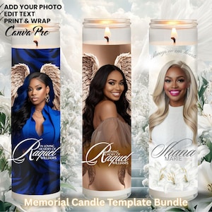 Könnte beinhalten: Drei Gedenkkerzen-Vorlagen mit Fotos von Frauen, Engelsflügeln und Text. Die Kerzen haben eine brennende Flamme und sind mit den Worten "In Loving Memory of" und Namen verziert. Der Text "Add Your Photo, Edit Text, Print & Wrap" ist ebenfalls sichtbar.
