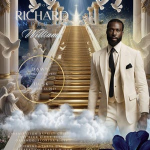 Op de afbeelding: Een aankondiging van een herdenkingsdienst voor Richard Anderson William. De aankondiging bevat een foto van een man in een wit pak die op een gouden trap staat die naar de hemel leidt. De aankondiging bevat de data van zijn geboorte en overlijden, 27 januari 1977 en 22 september 2024. De aankondiging bevat ook de locatie en tijd van de condoleances en de herdenkingsdienst.