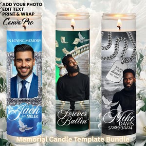 May include: A set of memorial candle templates, each with a glass candle design. The candles feature personalized photos, text, and decorative elements. Text includes phrases such as "In Loving Memory" and names. The Canva Pro logo is visible.