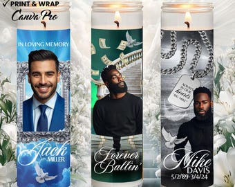 Modelos de Velas para Homenagem a Homens (3 Designs) | Envoltório de Vela Funerária Editável no Canva | Download Digital