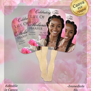 May include: Memorial fan template with the text "Celebrating the Life of Melanie Harper." The fan features a photo of a smiling woman and includes dates. The design is set against a pink floral background. The text "Canva PDF *Digital" is also included.