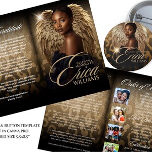 Pode incluir: Um modelo de programa e botão memorial com um retrato de uma mulher com asas de anjo. O programa é dobrado, com o texto "Com gratidão" e "Em memória de Erica Williams". O botão apresenta a mesma imagem.