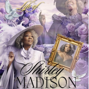 May include: A memorial card with a purple floral background and a picture of a woman in a white hat and dress. The text "Celebrating the Life of Shirley MADISON 03/15/54 - 7/28/24" is printed on the card.