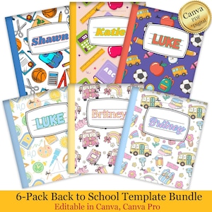 6 Pack Composition Notebook Cover Template Bundle, Digital, Editable in Canva, Canva Pro, Back to School, School Student Supplies Template