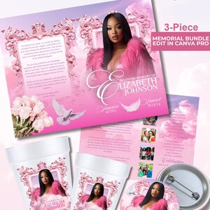 May include: A memorial bundle featuring a pink and white design with the text "A Beautiful Story..." and "In Loving Memory of Elizabeth Johnson." The bundle includes a program, cups, and a button with a photo of a woman.