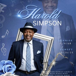 Puede incluir: Gráfico conmemorativo con un retrato de Harold Simpson con traje y sombrero, con un saxofón y detalles florales. El texto incluye "Celebrating the Legacy of Harold Simpson", fechas e información de ubicación.