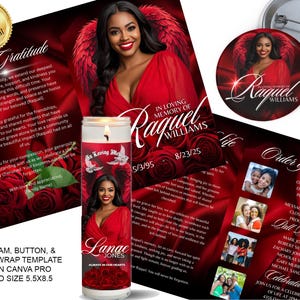 Può includere: Un set commemorativo con un tema rosso e nero, tra cui una candela, un programma e un bottone. La candela e il programma presentano una foto di una donna, con il testo "In Loving Memory of Raquel Williams". Il bottone mostra anche la foto della donna.