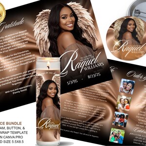 May include: A memorial bundle featuring a program, button, and candle wrap template. The design includes a photo of a woman with angel wings, the name "Raquel Williams", and dates. The color scheme is black, brown, and gold.