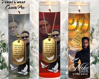 Modelos de velas memoriais masculinas (pacote com 3) | Design de vela funerária editável no Canva | Download digital