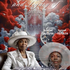 May include: A black and white photo of two women wearing white hats and white outfits. The women are sitting in front of a large, ornate gate with a red sky behind it. The text "The Life and Legacy of Maxine Gilbert Celebrating the Life of Greatness" is at the bottom of the image. The dates "Sunrise 04/22/58" and "Sunset 01/18/24" are above the gate.