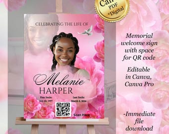 Letrero de bienvenida para funeral con código QR: Heavenly Petals Memorial (digital, editable en Canva Pro)