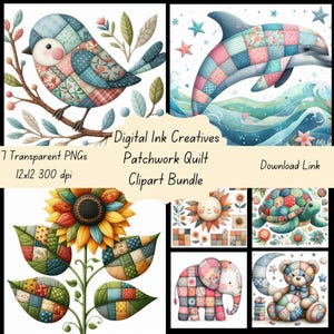 Patchwork Quilt Clip Art Bundle 12 PNGs for Scrapbooking, Junk Journaling Cheerful Nursery Art Creative Card 12x12 Paper