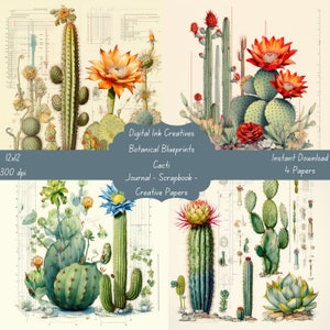 Blueprint Blomming Cacti Botanicals 12x12 300 dpi 4 JPG Papers Instant Download  Junk Journal Scrapbooking Paper Creative Paper Crafts