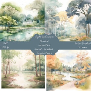 Soothing Botanical Watercolor Serene Park 12x12 300 dpi 4 JPG Papers Instant Download  Junk Journal Scrapbooking Paper Creative Paper Crafts