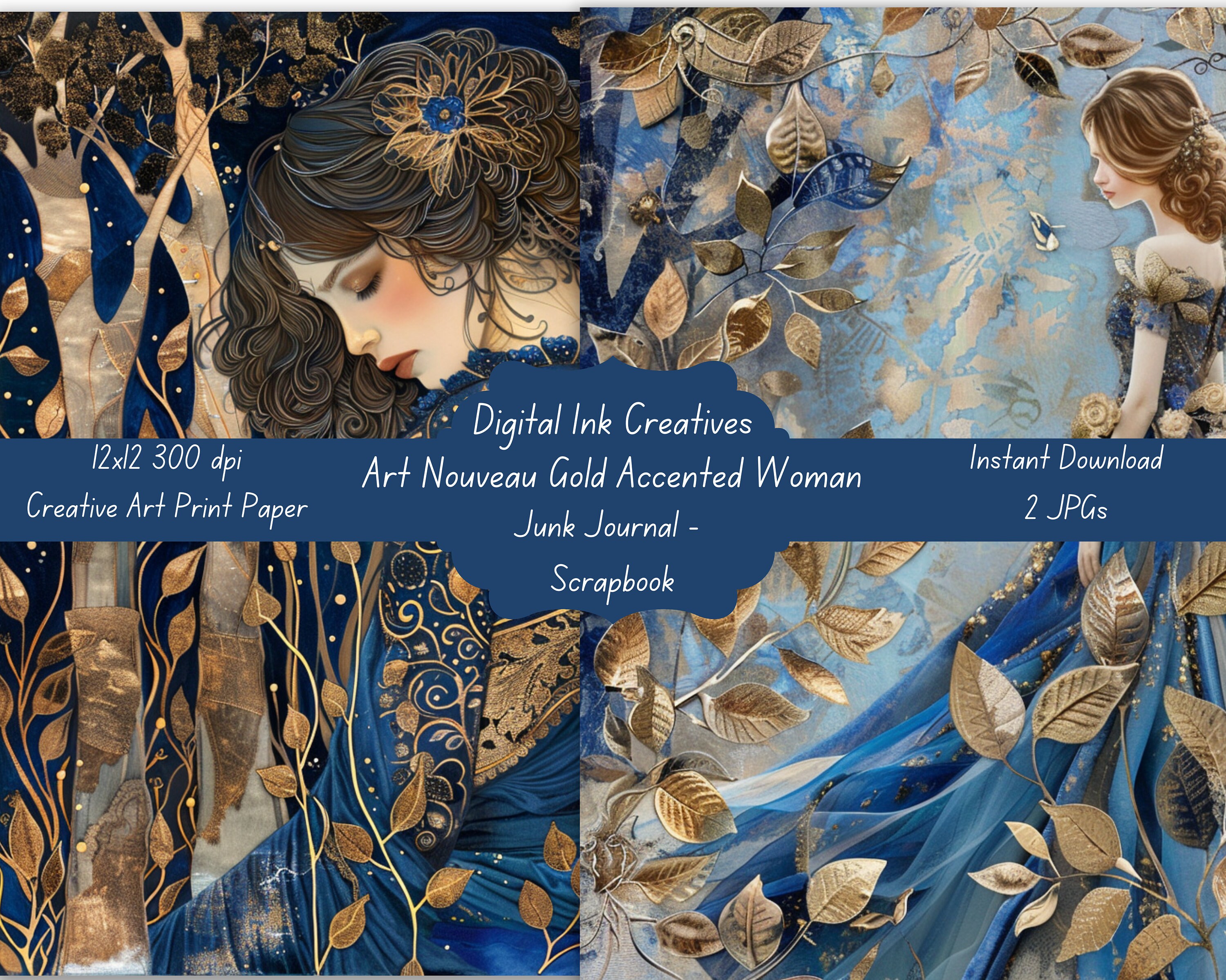 Art Nouveau Gold Accented Woman In Blue Dress Creative Paper, Decorative Wall Decor, Junk Journal, Scrapbooking, Wall Art Prints 2 JPGs