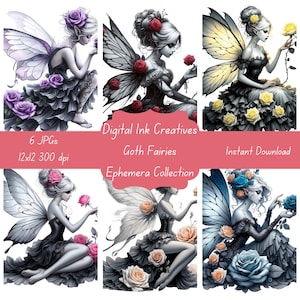 Goth Fairies with Roses Ephemera Cards 12x12 Printable Junk Journal Scrapbooking, 6 High-Resolution JPGs Instant Download