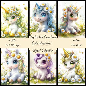 Ilustración de clip art de 6 lindos unicornios Imagen de descarga digital de alta resolución Impresiones digitales Ilustración de clip art descargable
