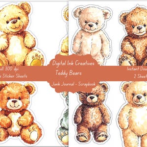 Teddy Bears Sticker Sheets Printable Download digital cute sticker sheets for planners scrapbooking journals digital download sticker sheets