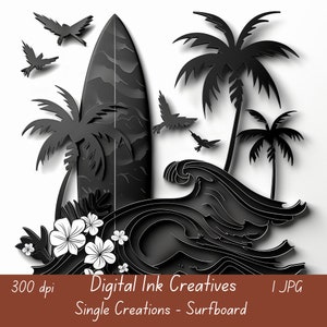 Planche de surf tropicale découpée au laser créative pop-up unique image clipart pour papier créatif journal de scrapbooking papier créatif 12 x 12 JPG Design