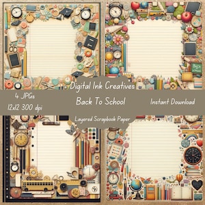 Papel para álbum de recortes de regreso a la escuela, papel para álbum de recortes escolar de alta resolución de 12 x 12, en capas, descarga instantánea de alta resolución, suministros para álbumes de recortes