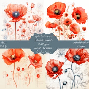 Blueprint Red Poppies Botanicals 12x12 300 dpi 4 JPG Papers Instant Download  Junk Journal Scrapbooking Paper Creative Paper Crafts