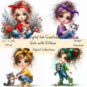 Mädchen mit Kätzchen-Clipart-Bilder - kein Text 4 kreative 5 x 7 JPGs Sofortiger Download - Druckbare digitale JPGs DIY Grußkarte Clipart